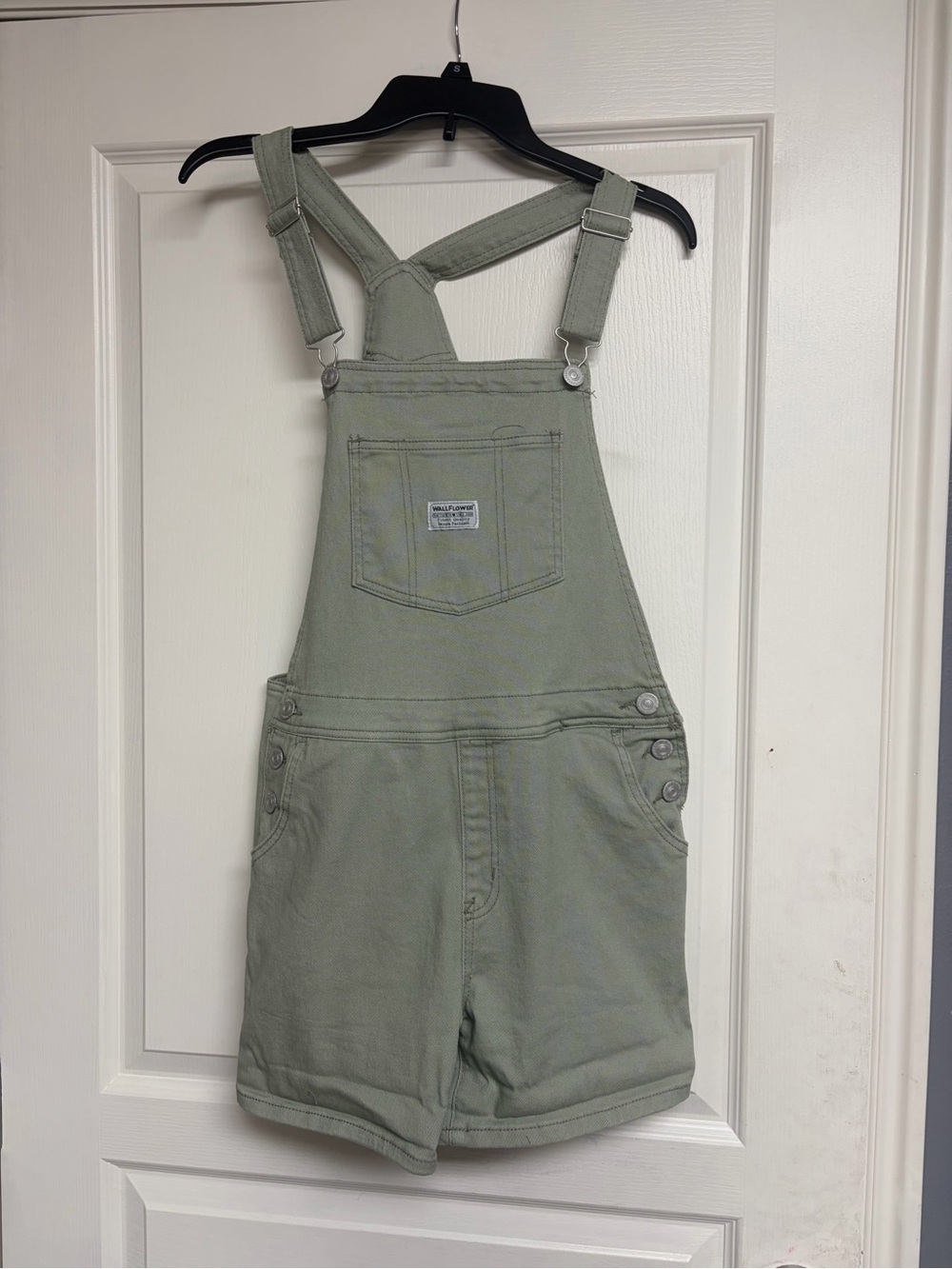 Wallflower Sage Green Denim Short Overalls